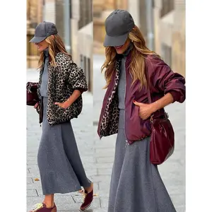 Women's Double Sided Reversible Jacket, Leopard Print & Burgundy Casual Coat, Zipper Front Thickened Outerwear, Fashionable Double Layered Design Coat