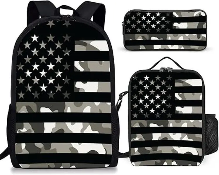 Patriotic Camo Flag Graphic Kids Teen Backpack Set, Skin-Friendly Waterproof Polyester Camouflage US Flag Full Print 3 Piece Matching Bag Pack, Ergonomic Cushioned Comfort Wear, School Sports Training Casual Student Bookbag
