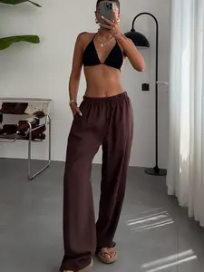 Women's Plain Drawstring Casual High Waisted Wide Leg Pants,  Casual Pocket Elastic Waist Trousers for Summer, Summer Clothes Women，Casual Fashion Trousers，Women's Bottoms for Daily Wear, Womenswear, Casual Loose Pants