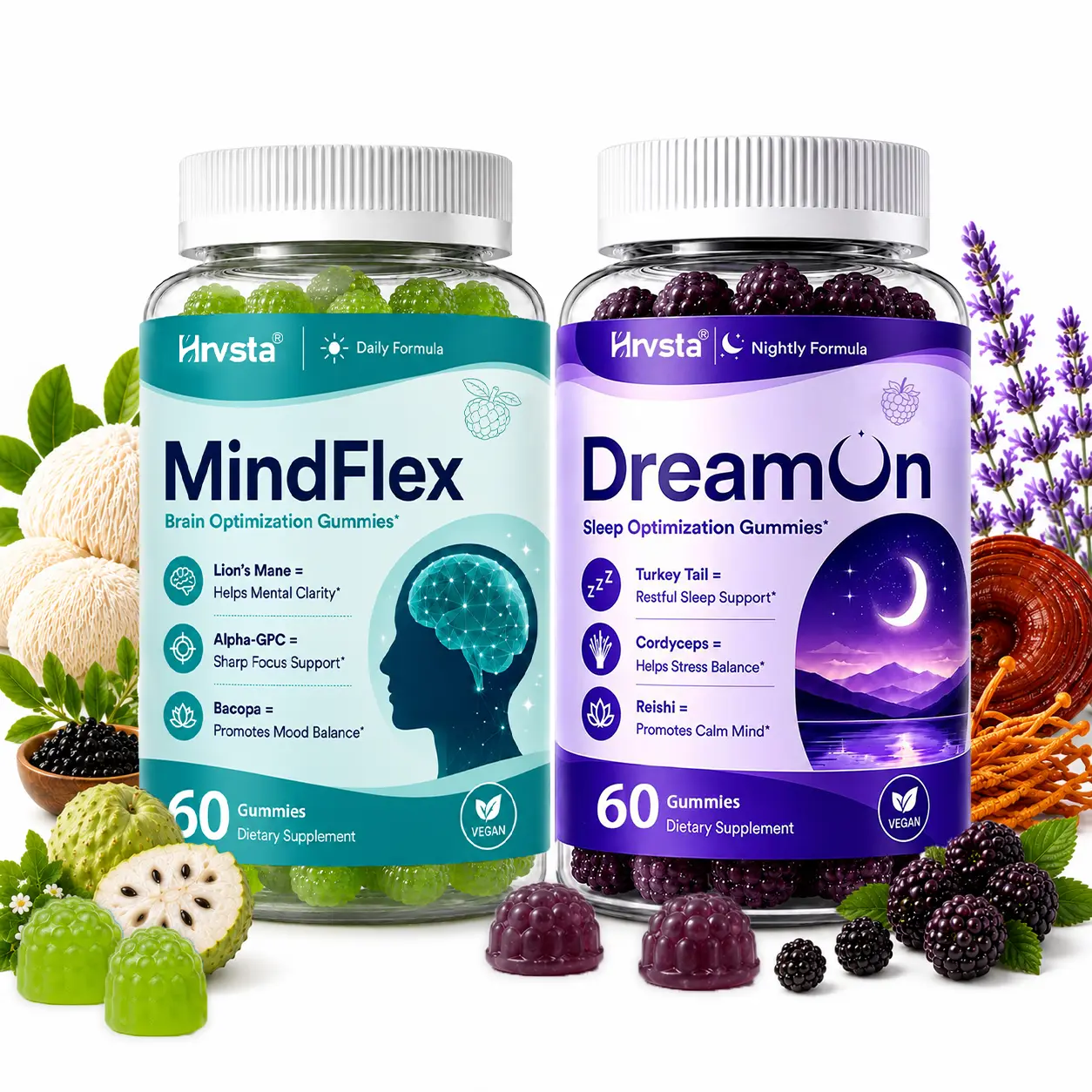 Day & Night Gummies Bundle – MindFlex Brain Support Gummies & DreamOn Sleep Gummies, Lion’s Mane, Alpha GPC, Bacopa, Turkey Tail, Cordyceps & Reishi Mushroom Blend, Vegan Formula, 60 Gummies Each