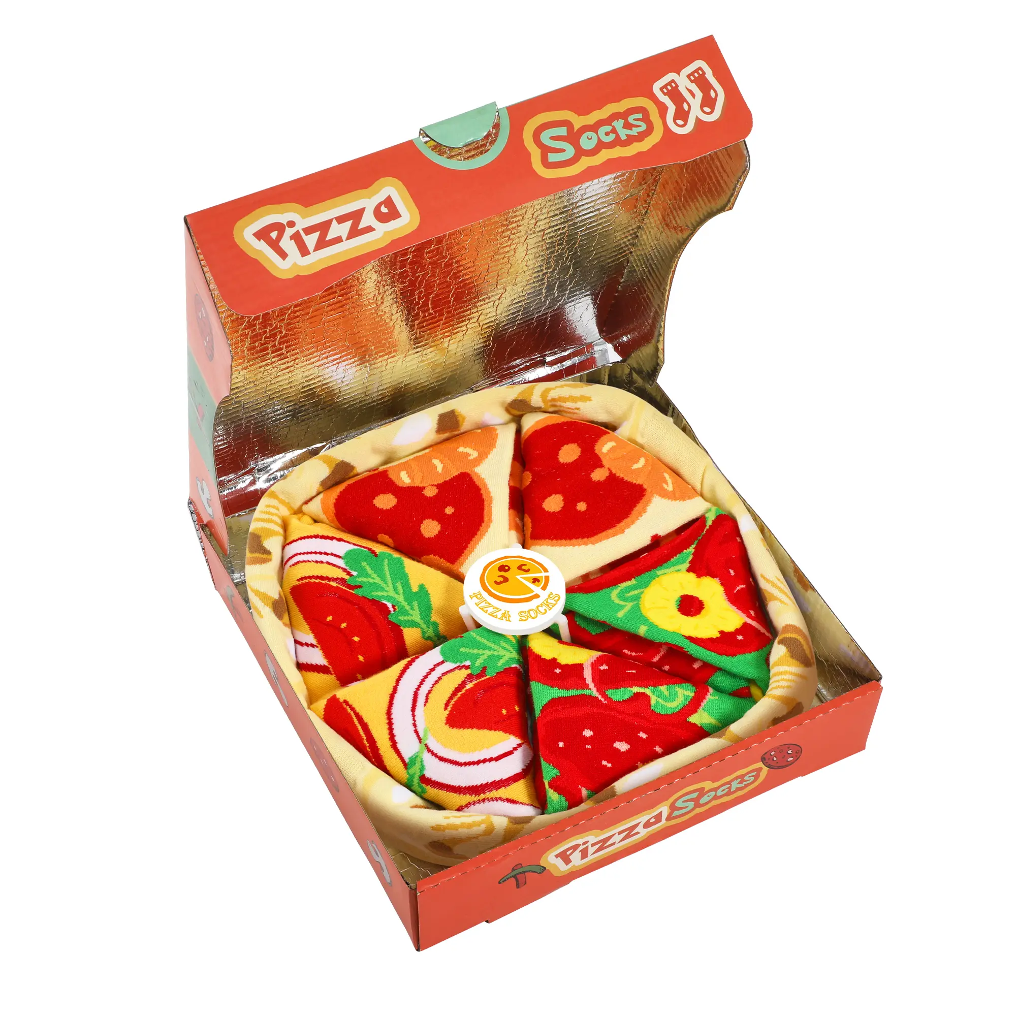 Menswear Novelty Pizza Socks Box - 4 Pairs Embroidered with Shrimp Embroidery - Pizza-B Themed Gag Gifts for Men - Fathers Birthday, Christmas Stocking Stuffers