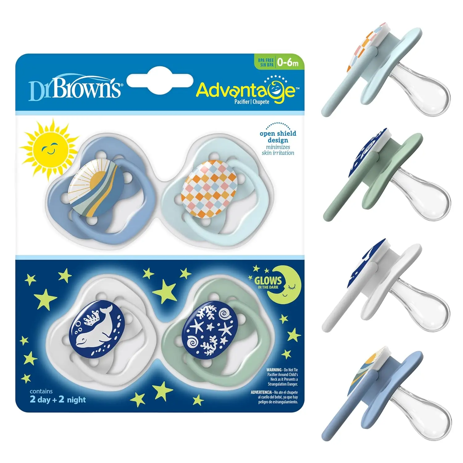 Dr. Brown's Advantage Glow-in-the-Dark Baby Pacifier, Fully Symmetrical Soother with Soft Silicone, 0-6m, BPA Free, 4 Pack