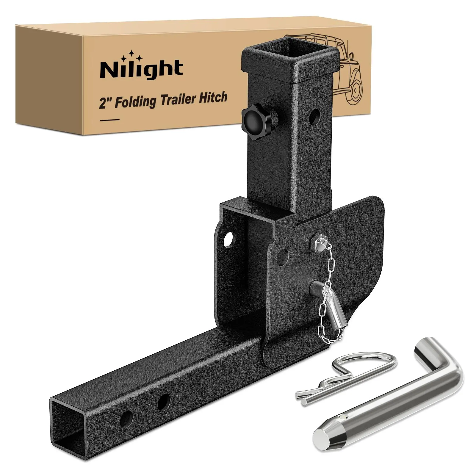 Nilight Folding Trailer Hitch Extender Mount Shank, 16.54in & 19.67in Options, Compact Design, 500lbs Capacity, Black Powder Coated, Easy Installation, for 2in Receiver, SUV/Trucks, Outdoor Use, Wheelchair Cargo Carrier Adapter Compatibility, Vehicle Comp