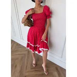 Red Polka Dot Puff Sleeve Dress