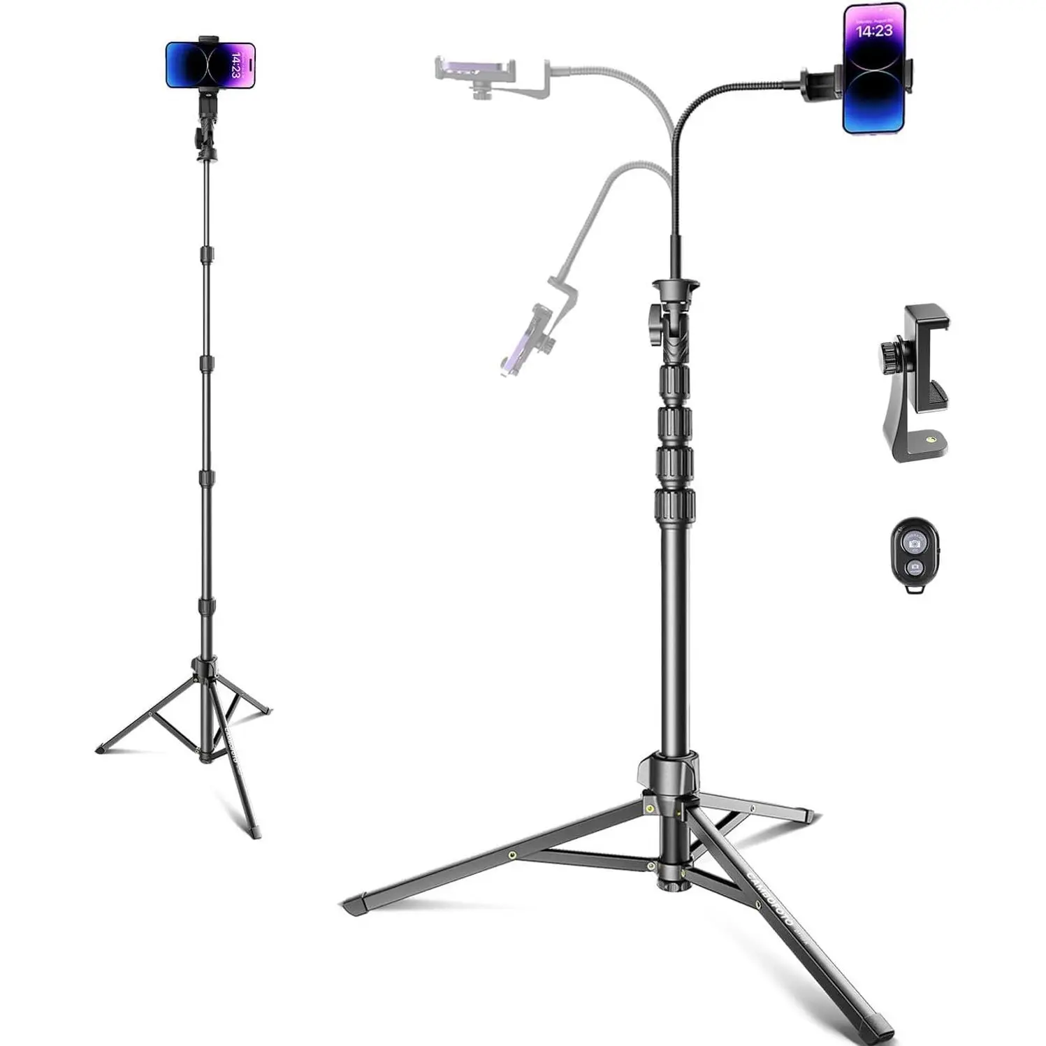82" Phone Tripod Stand with Gooseneck, Remote and Phone Holder, Selfie Stick & Overhead Tripod for Recording/Cooking/Fitness/Vlog, Compatible with  Android , Camera