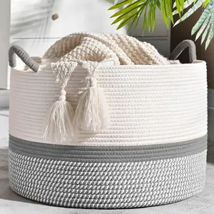 Large Blanket Basket (20"x13"),Woven Baskets for storage Baby Laundry Hamper, Cotton Rope Blanket Basket for Living Room, Laundry, Nursery, Pillows, Baby Toy chest,Grey/Brown