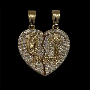 14k Gold Plated Virgin Mary and Cross Te Amo Couple Necklace Set Micro Pave - Virgen de Guadalupe y Cruz Collar para Parejas