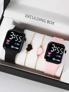 4pcs Women'S Watch Fashion Cute LED Digital Electronic Watch with Bracelet Suitable for Daily Life Travel Vacation Homecoming Party Couple Graduation Season Gift for Women