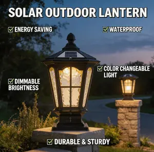 Solar Outdoor Garden Post Light Sturdy Eco-Friendly LED Column Lamp Black Aluminum Vintage European Retro Porch Decorative Light Energy Saving Dimmable Yard Landscape Lantern