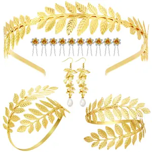 15Pcs/Set Greek Goddess Costume Accessories,Including Women Toga Golden Leaves Bridal Crown Headband Bracelet Pearl Earrings and Hair Pins,Christmas Party Gifts,Hand Tools Kits