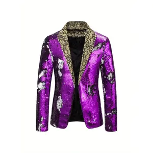 Bmuvlss Men'S Glittery Purple & Golden Sequin Blazer - Stylish Lapel Collar, Button-Up, Regular Fit for Stage Performances, Nightclubs, DJs, and Hosts, Stage Performance Attire |   Lapel Collar Blazer |   Sequin Embellished Jacket