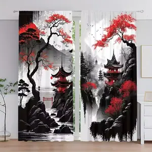 Japanese Series Artistic Ink Wash Landscape Painting Set, Pocket Rod Installation, Digital Print Living Room Decorative Curtains, Polyester Material, Home Decor, Decoration