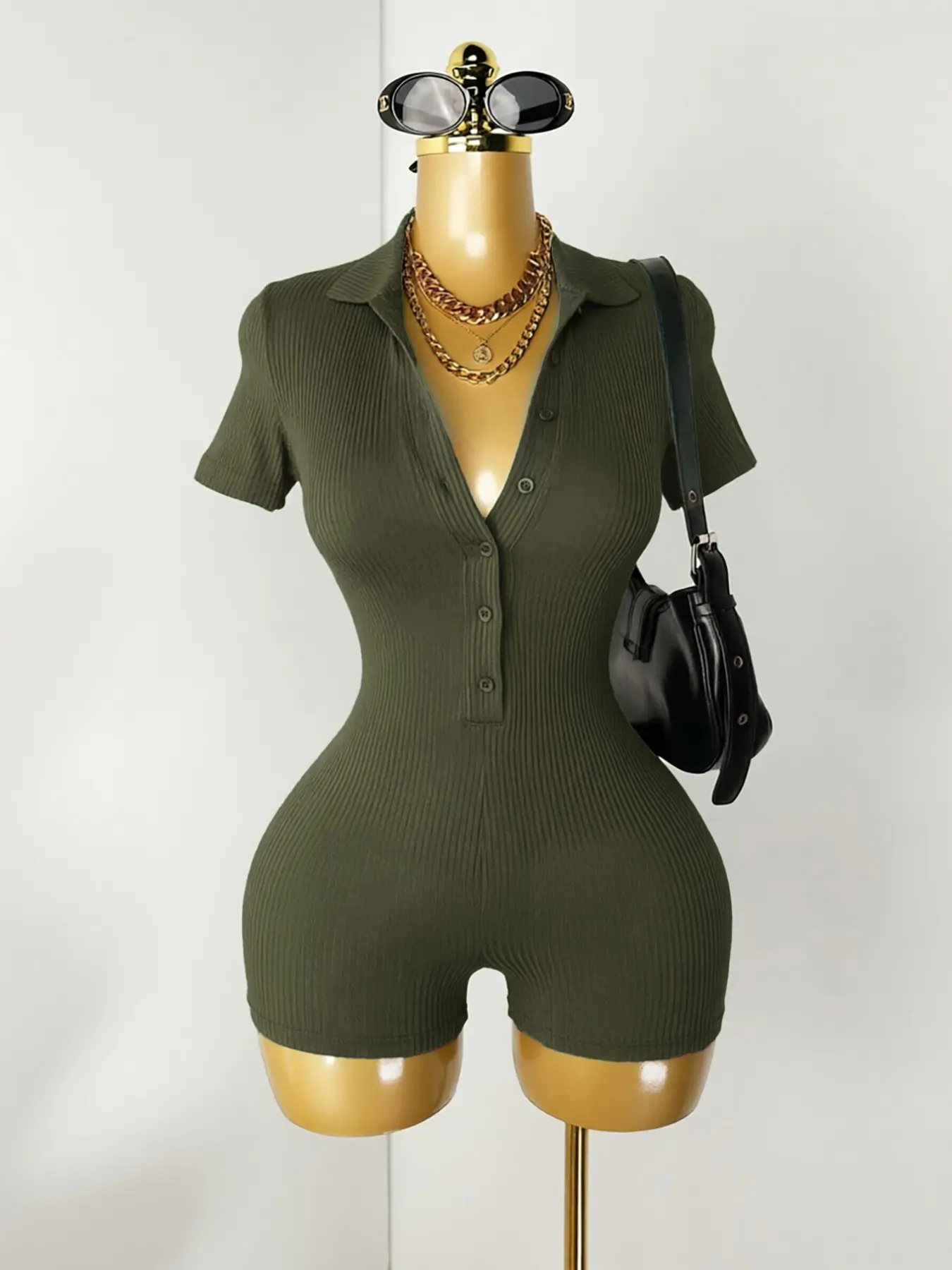 Casual Polo Collar Ribbed Romper, Slim Fit Romper for Brunch & Errands, Sporty Style, Button-Placket Design, Plain Color, Basic