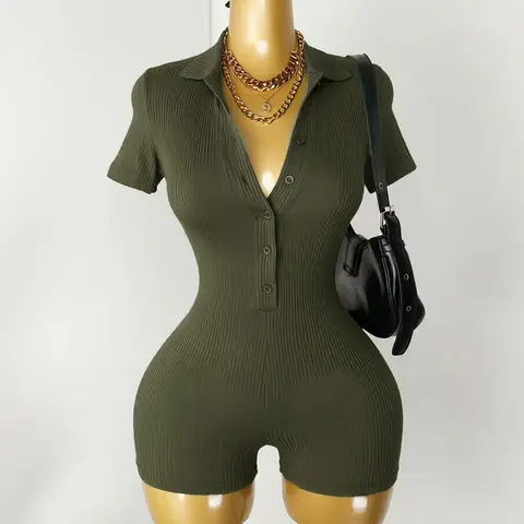 Casual Polo Collar Ribbed Romper, Casual Fitted Romper, Slim Fit Romper for Brunch & Errands, Sporty Style, Button-Placket Design, Plain Color, Basic