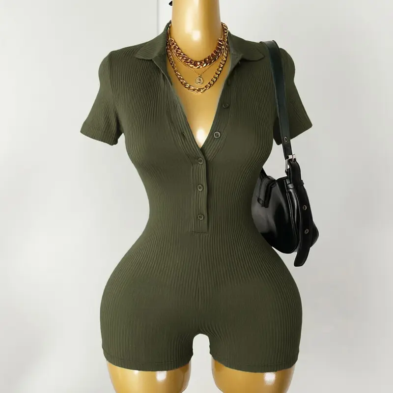 Casual Polo Collar Ribbed Romper, Casual Fitted Romper, Slim Fit Romper for Brunch & Errands, Sporty Style, Button-Placket Design, Plain Color, Basic