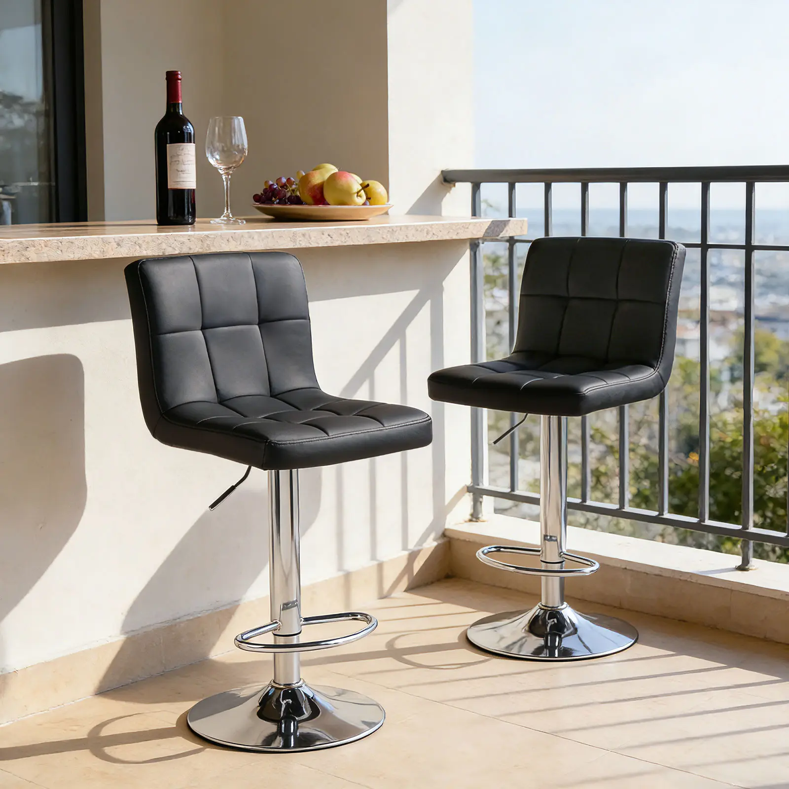 Adjustable Swivel Barstools Set of 2 in PU Leather with Hydraulic Lift, Kitchen Counter Height Stools Featuring Thickened Seat Cushions and Back