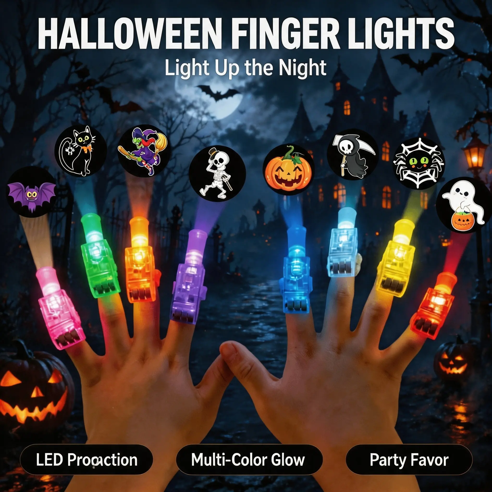 Halloween LED Projection Finger Lights 8pcs/16pcs/24pcs/32pcs , Multi-Color Light Up Finger Projectors with Pumpkin, Ghost, Witch, Bat Cartoon Patterns, Halloween Trick or Treat Goodie Bag Fillers, Night Party Ambient Decor Supplies