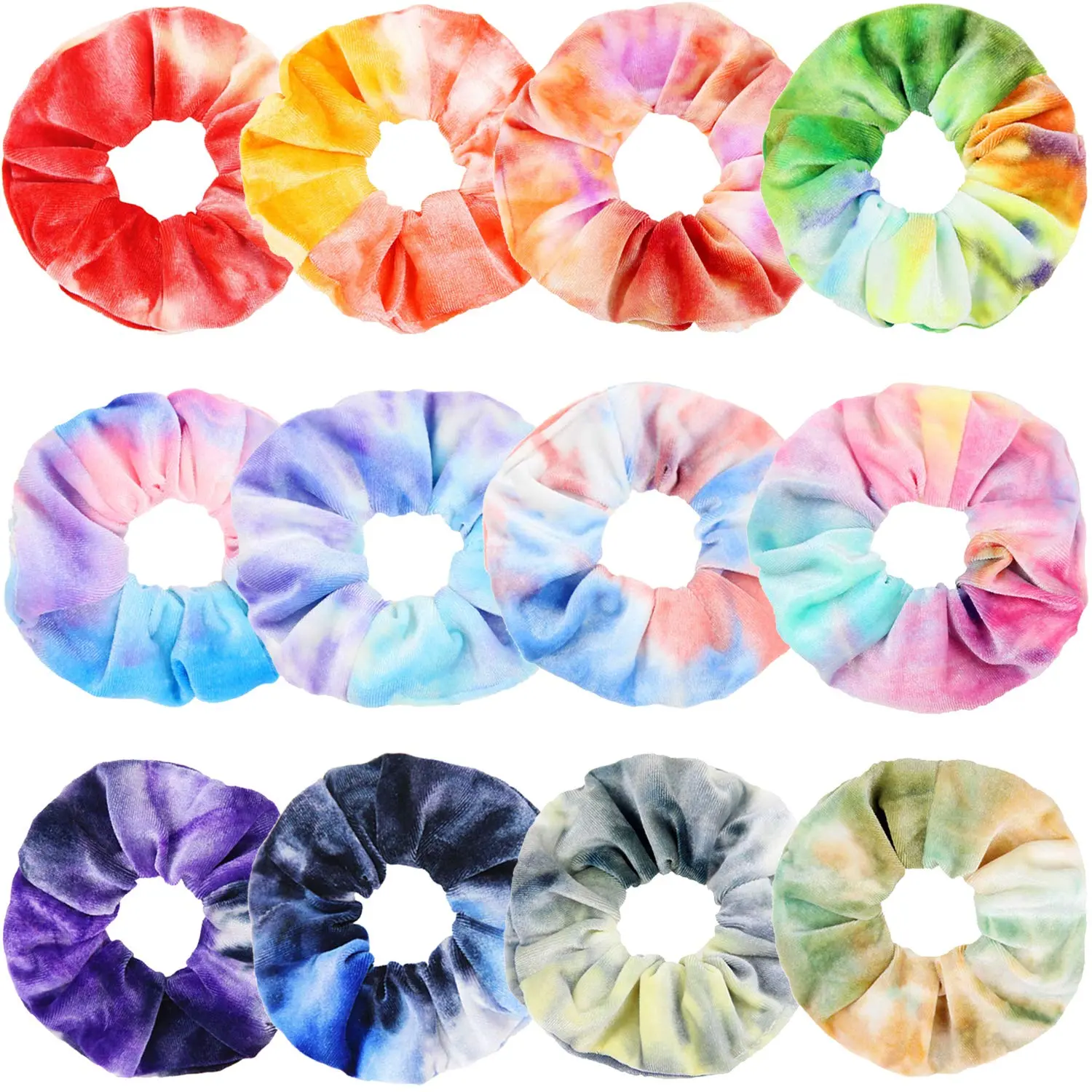 Halloween Fall Gift Scrunchies for Girls, 12 Pcs Tie Dye Velvet Scrunchies for Hair, Soft Rainbow Ponytail Holder, Cute Candy Colors Elastic Hair Bands for Teens and Women
