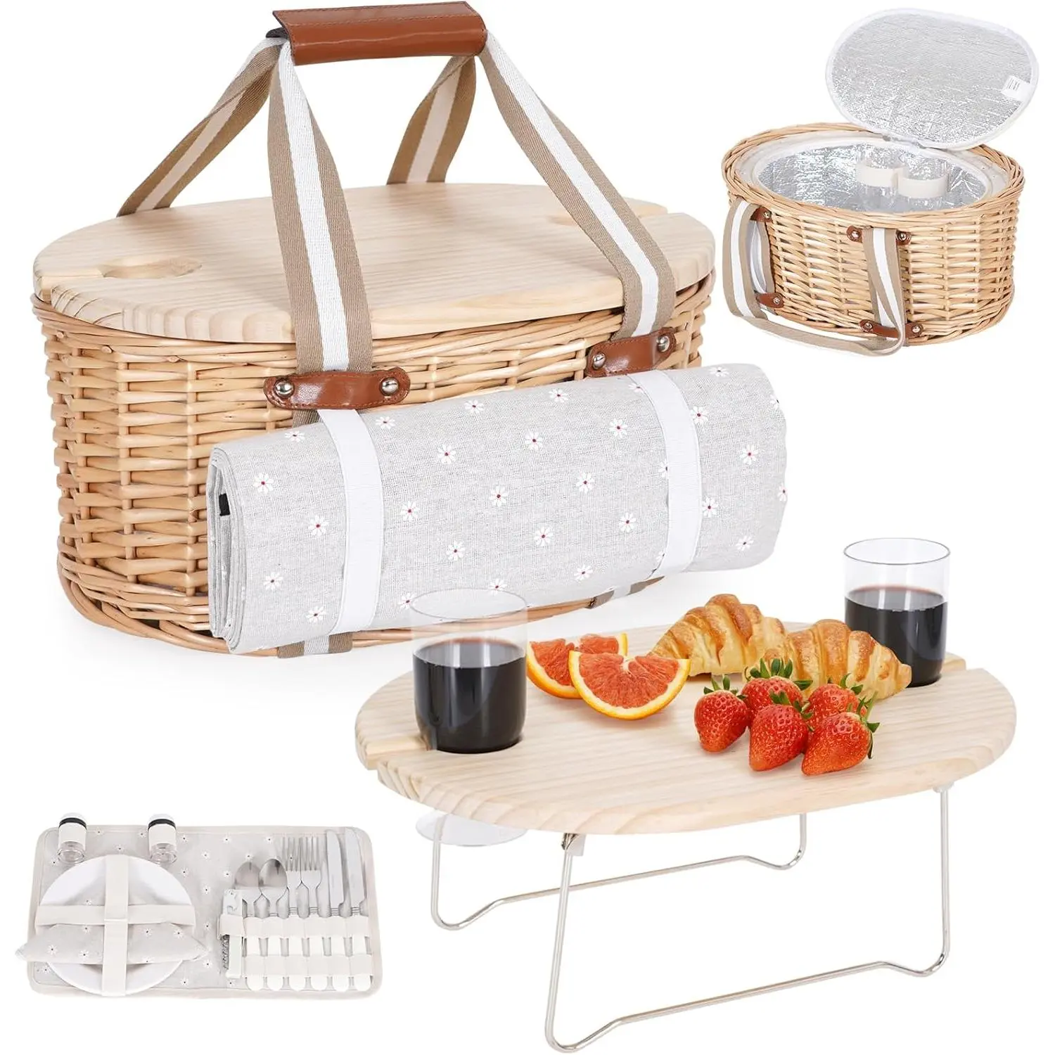 Picnic Basket Set for 2 - Wicker Insulated Picnic Basket with  Blanket, Folding  Picnic Table & Cutlery Kits, Picnic Baskets Kit for Camping, Outdoor, Valentine (White Flower)