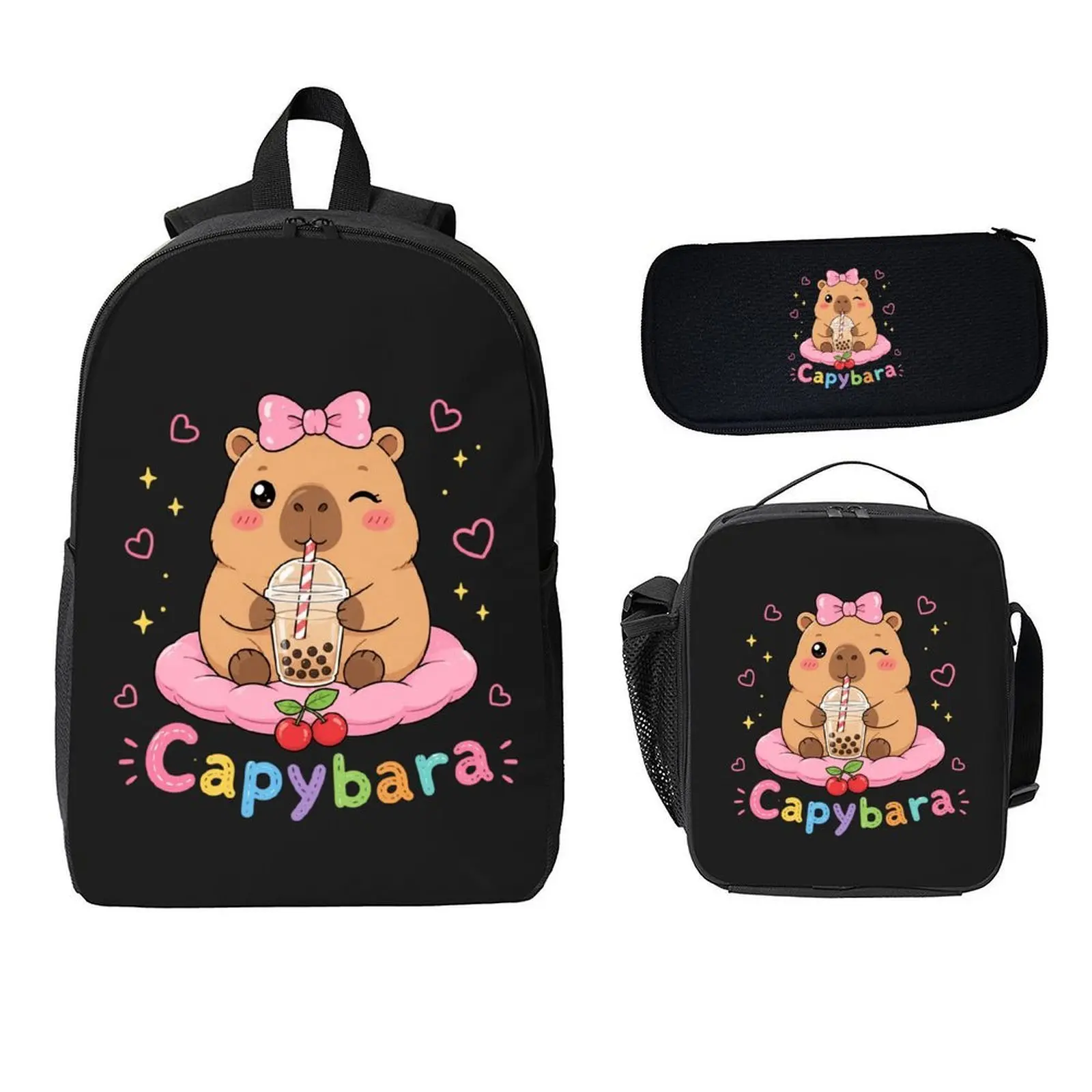 Cartoonish Capybara Print 3-Piece School Backpack Set, Single-Layer Functional Backpack with Lunch Box & Pencil Case, Back to School Gift for Girls, Backpacks For School