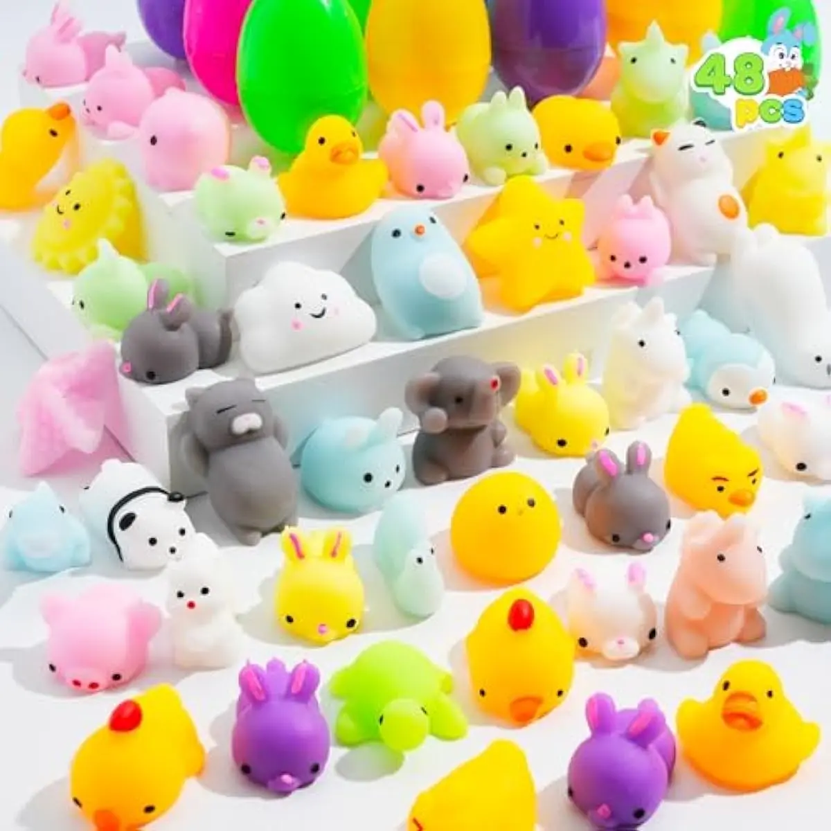 48 Pcs Easter Prefilled Eggs with Mochi Squishy Toys, Cute Stress Reliever Squishy Toy for Easter Egg Hunt, Kids Party Favor, Basket Stuffers, Goodie Bag Fillers, Classroom Prize Supplies
