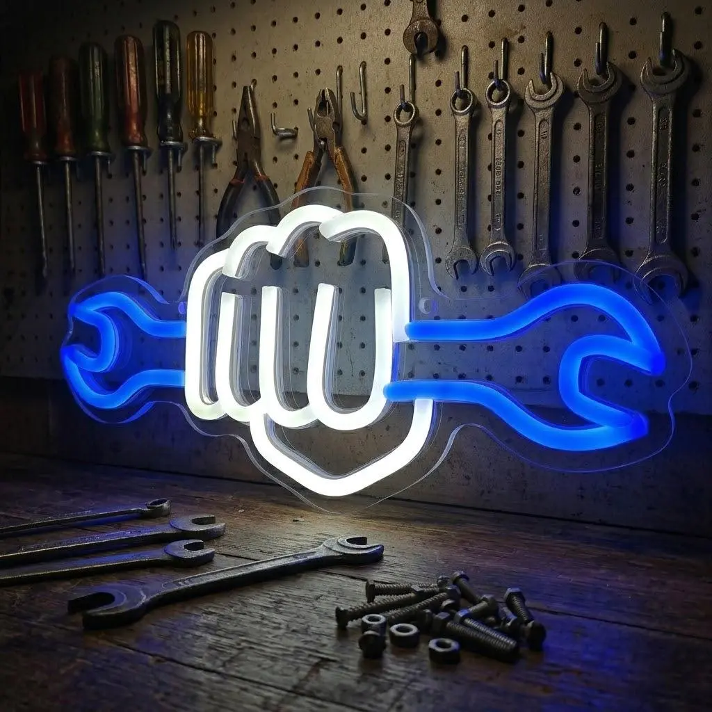 LED Wrench Fist Neon Sign - 0-5 W Ultimate Wall Decoration for Garage, Mechanical Repair Shop, Father's Day Gift for Adult Car Enthusiasts, Led Neon Sign Decorative Lights, Led Room Decor