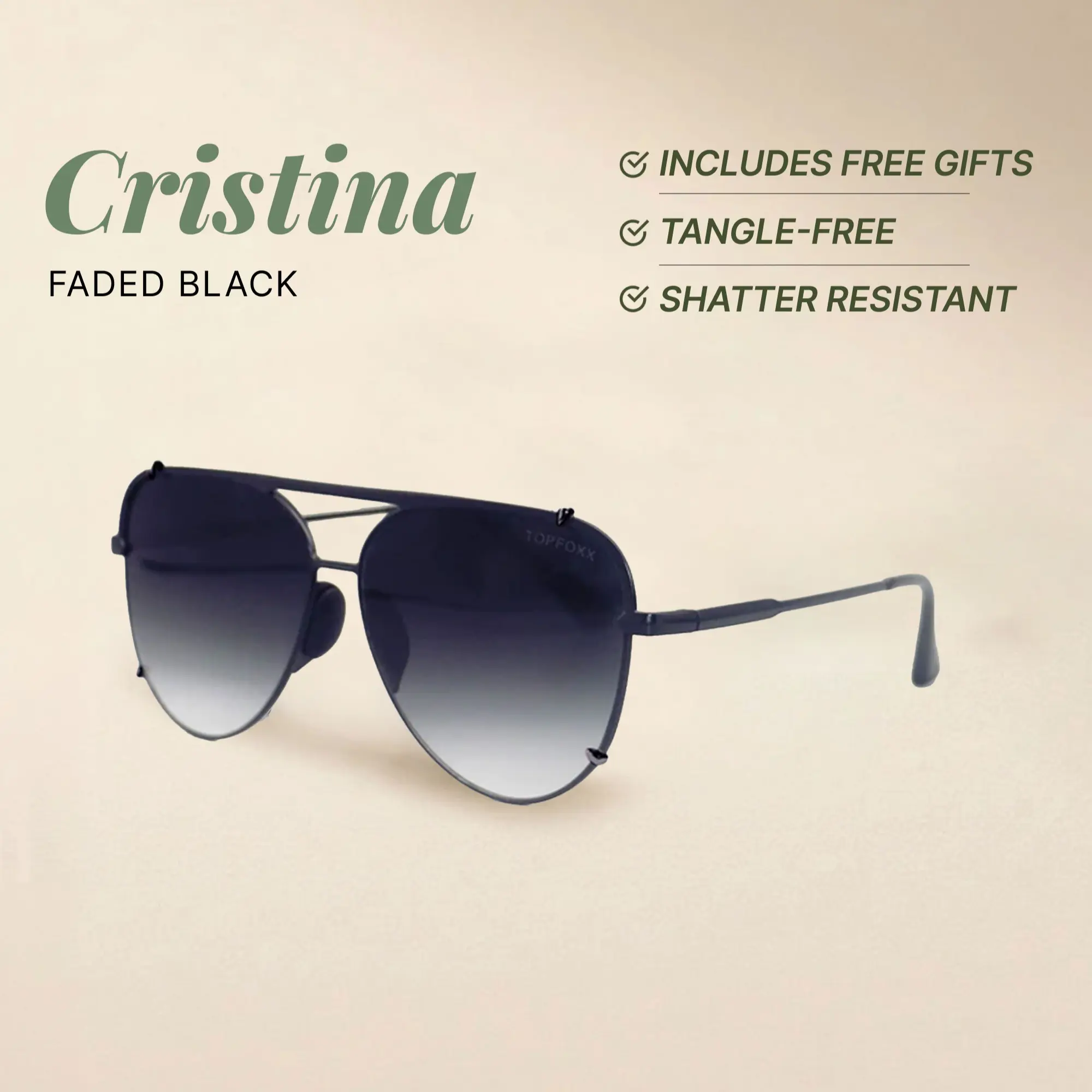 Cristina - Faded Black - Tangle Free Round Aviator Sunglasses - Certified Shatter-Resistant Lenses - UV400 - For Women & Men