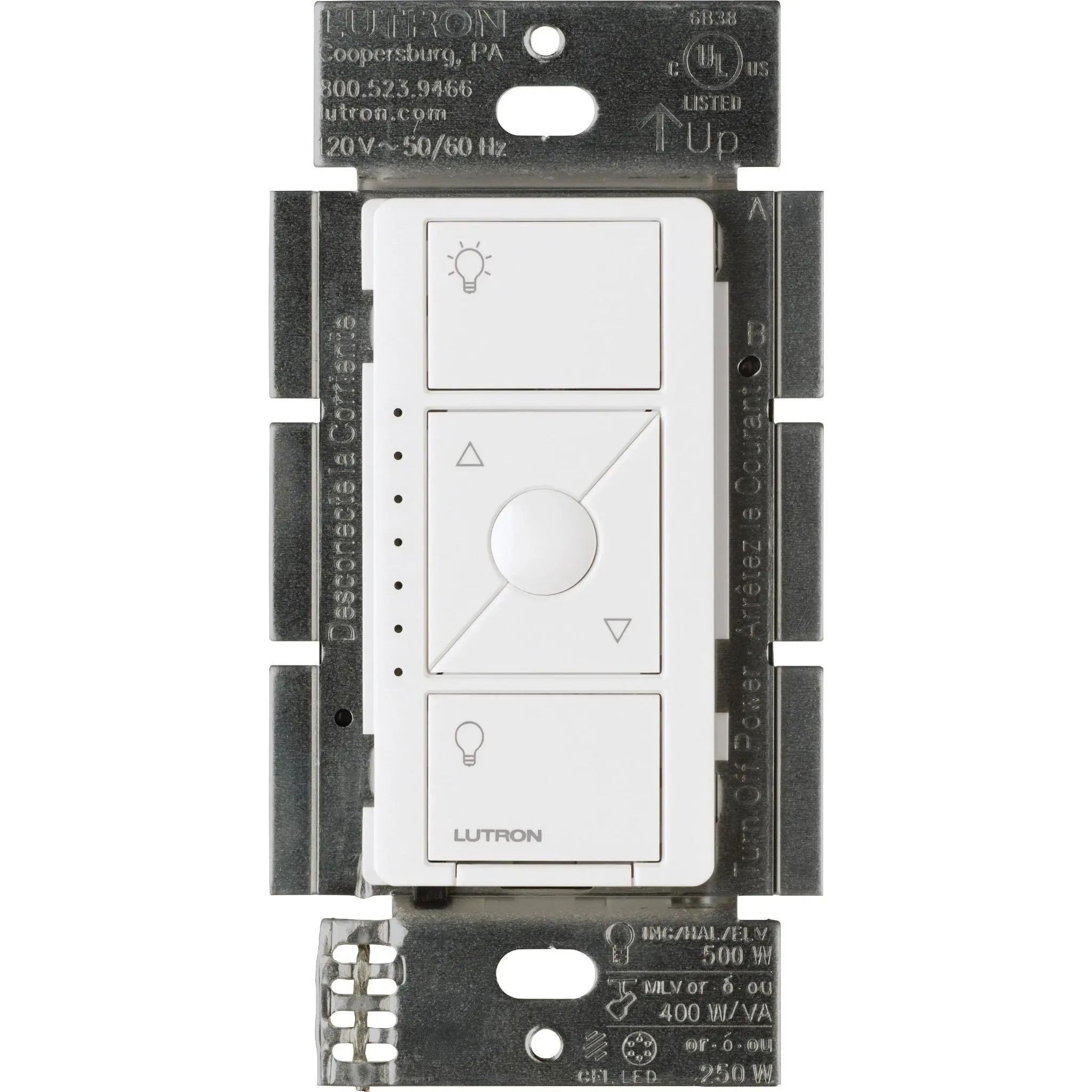 Lutron Caseta Original Smart Dimmer Switch for ELV+ Lighting, Phase Selectable, 250W LED/400VA MLV/500W ELV, Neutral Required, 120V, PD-5NE-WH, White