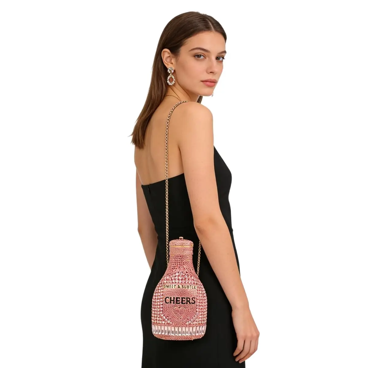 Women's Handcrafted Champagne Bottle Shape Evening Clutch, Sparkly Rhinestone Metal Frame Bag with Faux Leather Lining, Glitter Finish, Magnetic Snap Chain Strap, Suitable for All Seasons