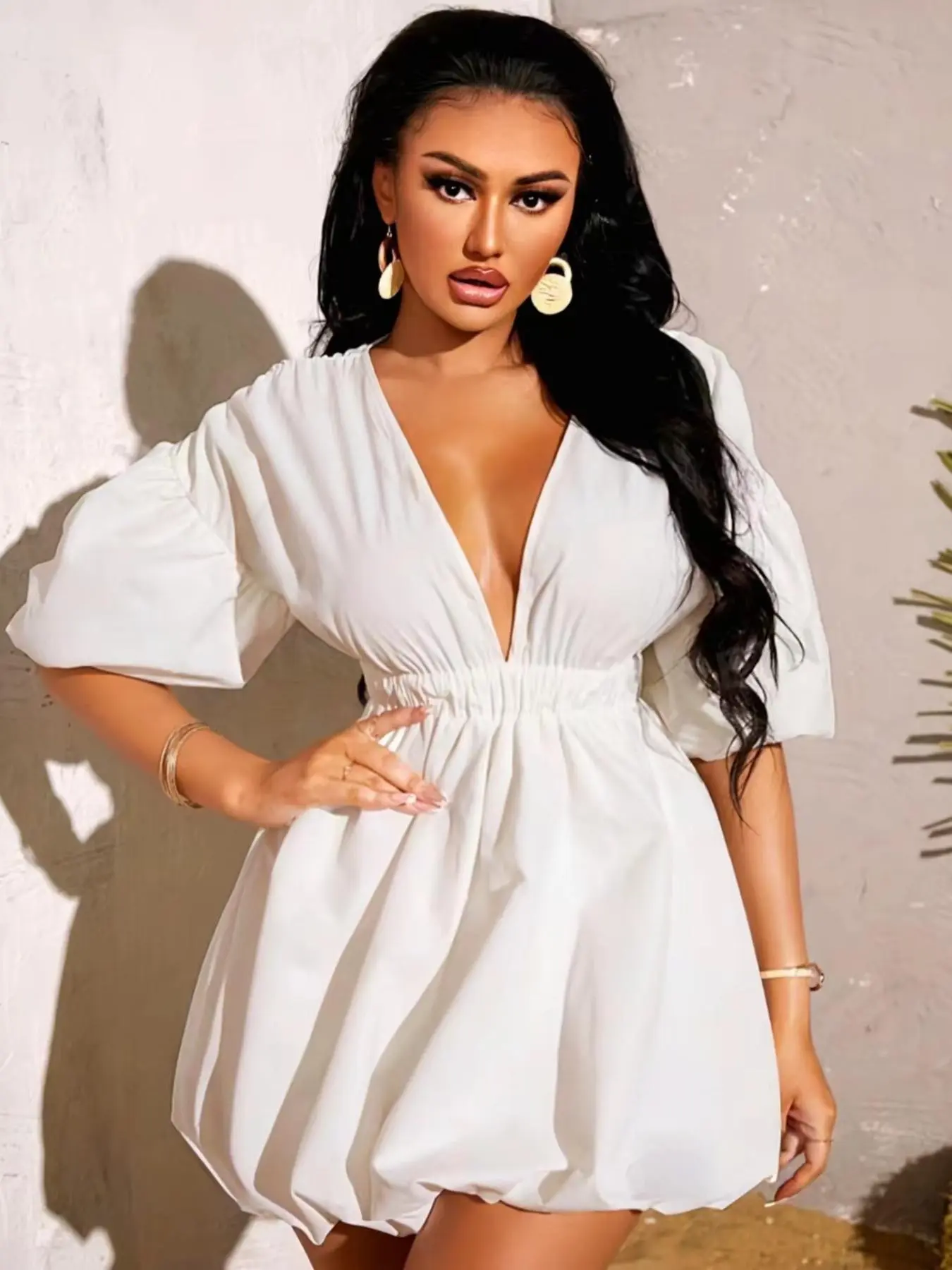 Summer New Deep V Neck Cute Bubble Sleeve Waist Cinch Slimming Sexy Cake Puff Skirt B5069, Casual Wear Casual Chic Dress Fitted Womenswear Dress for Spring & Fall