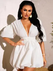 Summer New Deep V Neck Cute Bubble Sleeve Waist Cinch Slimming Sexy Cake Puff Skirt B5069, Casual Fitted Dress for Spring & Fall