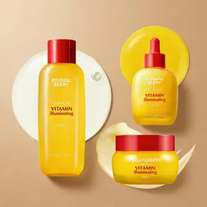 Brighten your skin with the EQQUALBERRY Vitamin Illuminating Set. This 3-piece routine includes toner, serum, and cream with Vitamin C, Niacinamide, and ceramides to reduce dark spots and deliver lightweight, glowing hydration.