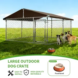 Large Outdoor Dog Kennel with Feeder, RPZ 10ft Heavy Duty Metal Dog Playpen with Roof, Galvanized Steel Large Pet Cage & Exercise Run, Escape-Proof Design with Double Safety Lock, Easy Assembly for Yard outdoorfun
