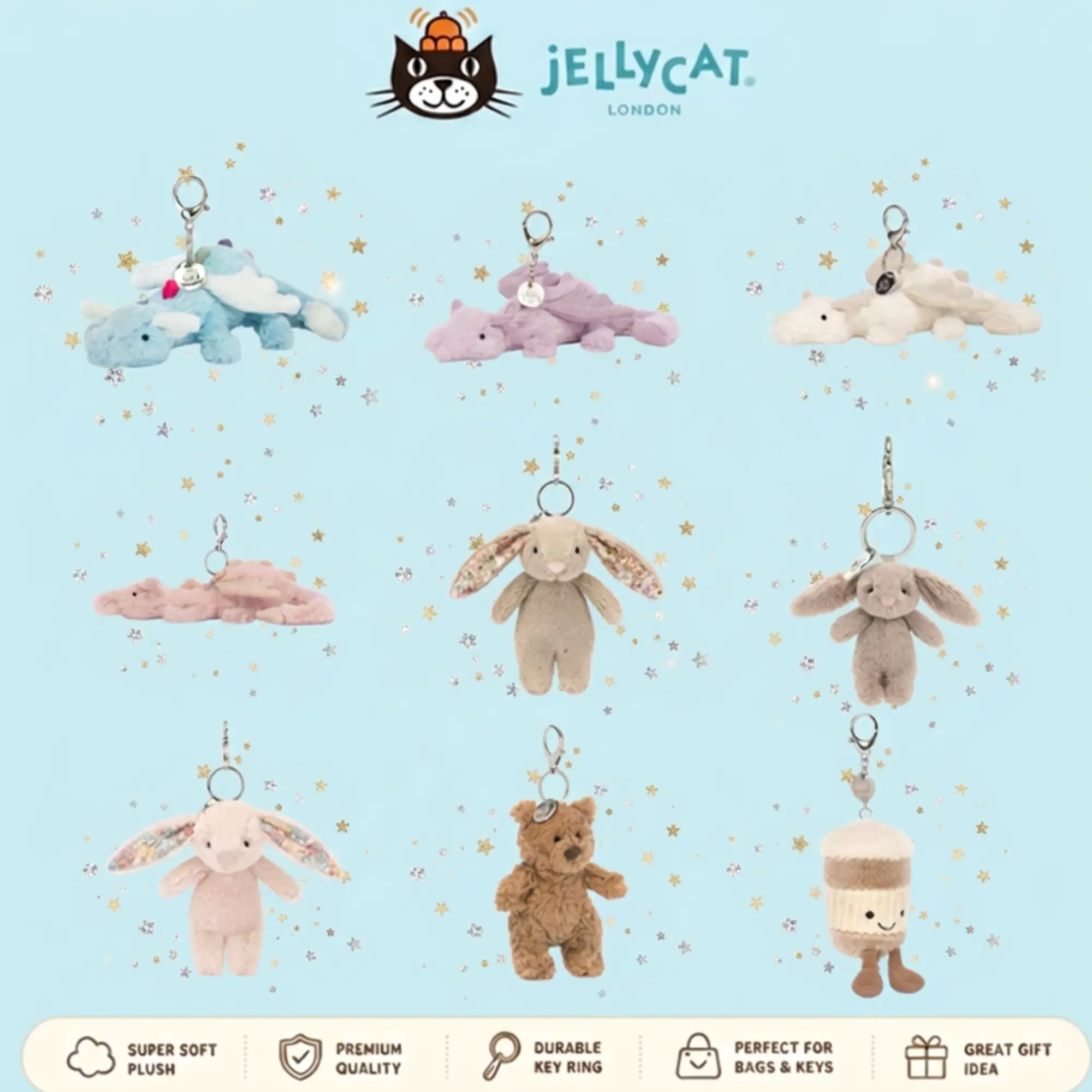 Some super cute genuine Jellycat keychain designs from the collection.