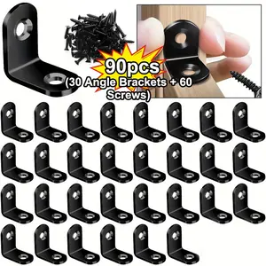 [Black Corner Brace Set] 90-PCS (30 Corner Braces + 60 Screws) | L-Shaped Right-Angle Brackets | Support Hardware | Suitable for Wooden Furniture, Shelving, Drawers, Cabinets, Tables & Chairs | Easy Installation | Durable Support Components
