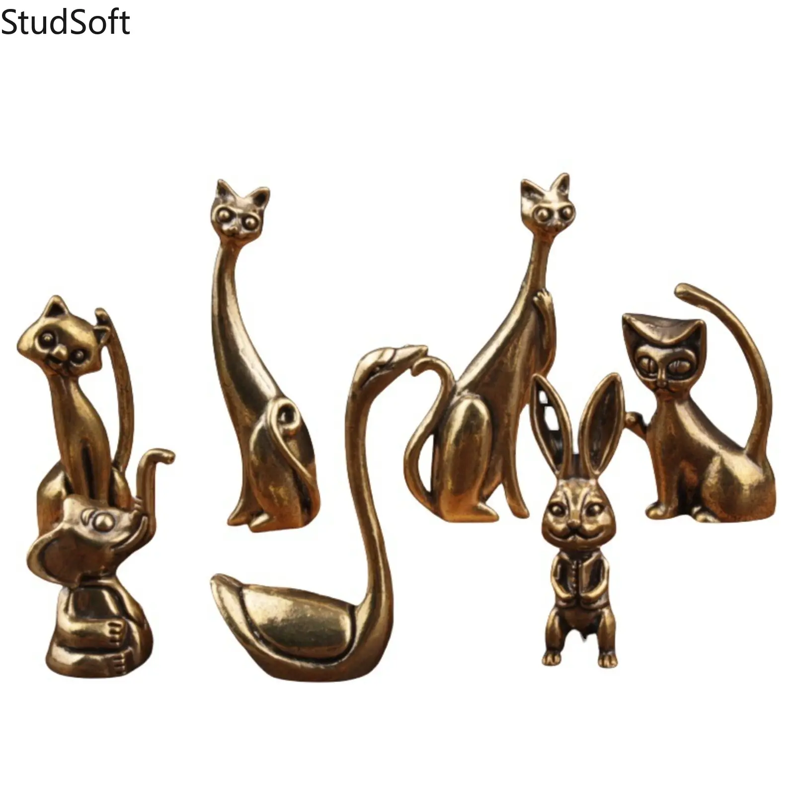 2026 New Mini Brass Metal Animal Figurine Set - Vintage Cat, Rabbit, Elephant, Swan Statues - Cute Desktop Decor, Room Decor for Home Office - Ideal Gift for Animal Lovers