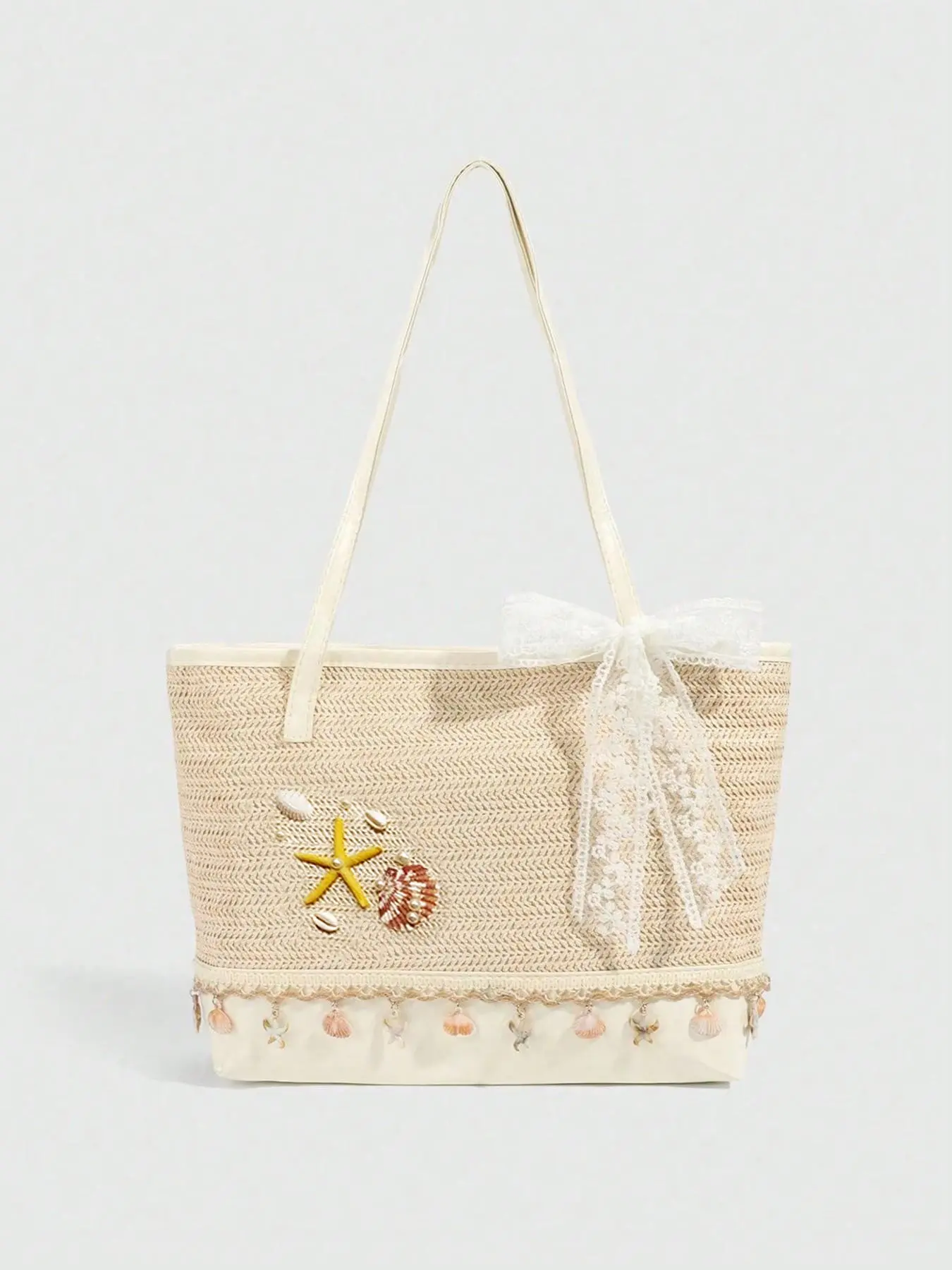 Fresh and artistic atmosphere, woven Straw tote bag, Casual trendy bag, decorated with starfish and shell patterns, lace bow, shell tassel, large capacity shoulder bag, suitable for commuting/vacation, Bohemian Straw Bag