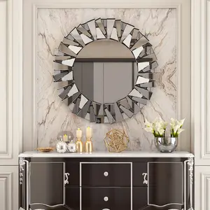Round Sunburst Silver Mirror – Wall-Mounted Decorative Glass Mirror