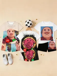 Boys' 3D John Pork Print Short Sleeve Shorts Set, Fun Pig Face Theme T-Shirt, Fashion Outdoor Wear, Birthday Gift, Holiday Gift