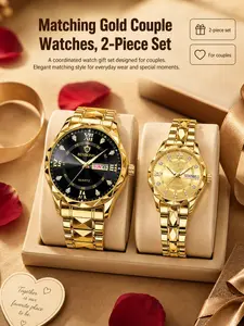 Couple Watches Set, Roman Numerals, Independent Date Display, Night Light, Quartz Analog Watch, Stainless Steel, Waterproof, Business Style, Gift Idea