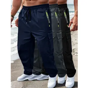 Men's Plus Size 3-Pack Straight-Leg Casual Pants, Elastic Drawstring Waist with Multi Pockets, Comfort Fit for Outdoor, Sports & Daily Wear