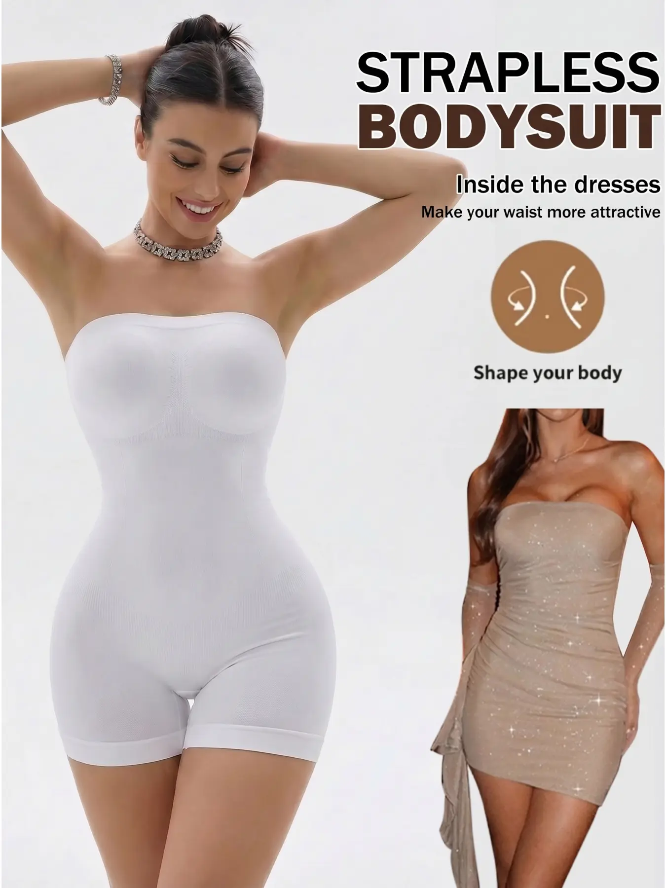 Strapless Bodysuits Shapewear for Women - Tummy Control Seamless Body Shaper, Butt Lifter & Thigh Slimmer, Underbust Compression Faja for Dresses, Everyday Wear Shapewear, Daily & Party Wear, Basic Womenswear Fit Minimalist Underwear