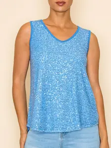 Urban Diction Scoop or V Neck Sequins Tank Top- Single Piece, Sleeveless Womenswear, Holiday, Party & Concert Must Have