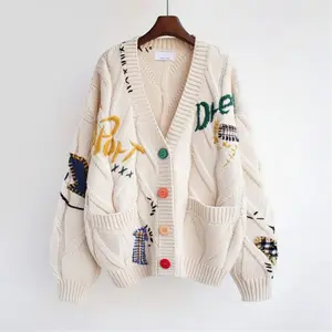 2026 Women's Oversized Cable Knit Cardigan Vintage Embroidered Patchwork V Neck Button Down Fall Winter Thick Sweater With Casual Pockets