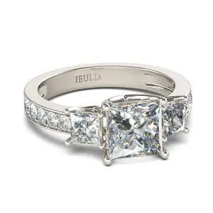 Jeulia Simple Three Stone Princess Cut Sterling Silver Ring Sterling Silver Zircon Engagement