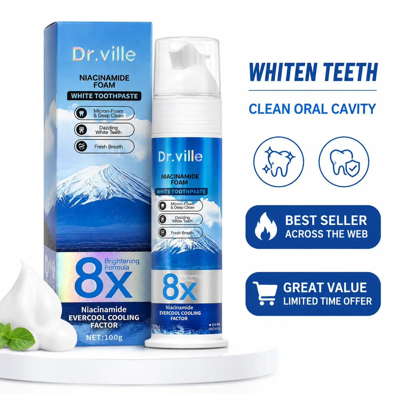 Dr.ville Professional Grade Niacinamide Foaming Toothpaste 8X - Daily Dental Care Toothpaste, Fresh Breath, Stain Removal, Gentle Teeth Cleaning, 100ml-G