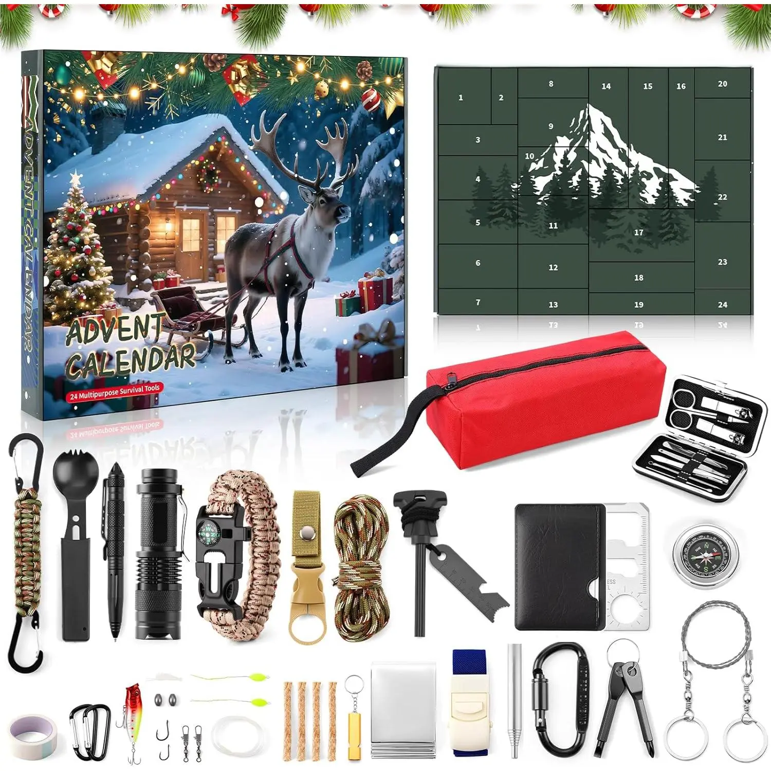 2025 Survival Kit Advent Calendar Gift Box Set - 24-Day Christmas Countdown for Outdoor Adventure Enthusiasts, Sports & Outdoor Leisure Equipment Gift for Men, Teens, Gift Box Design