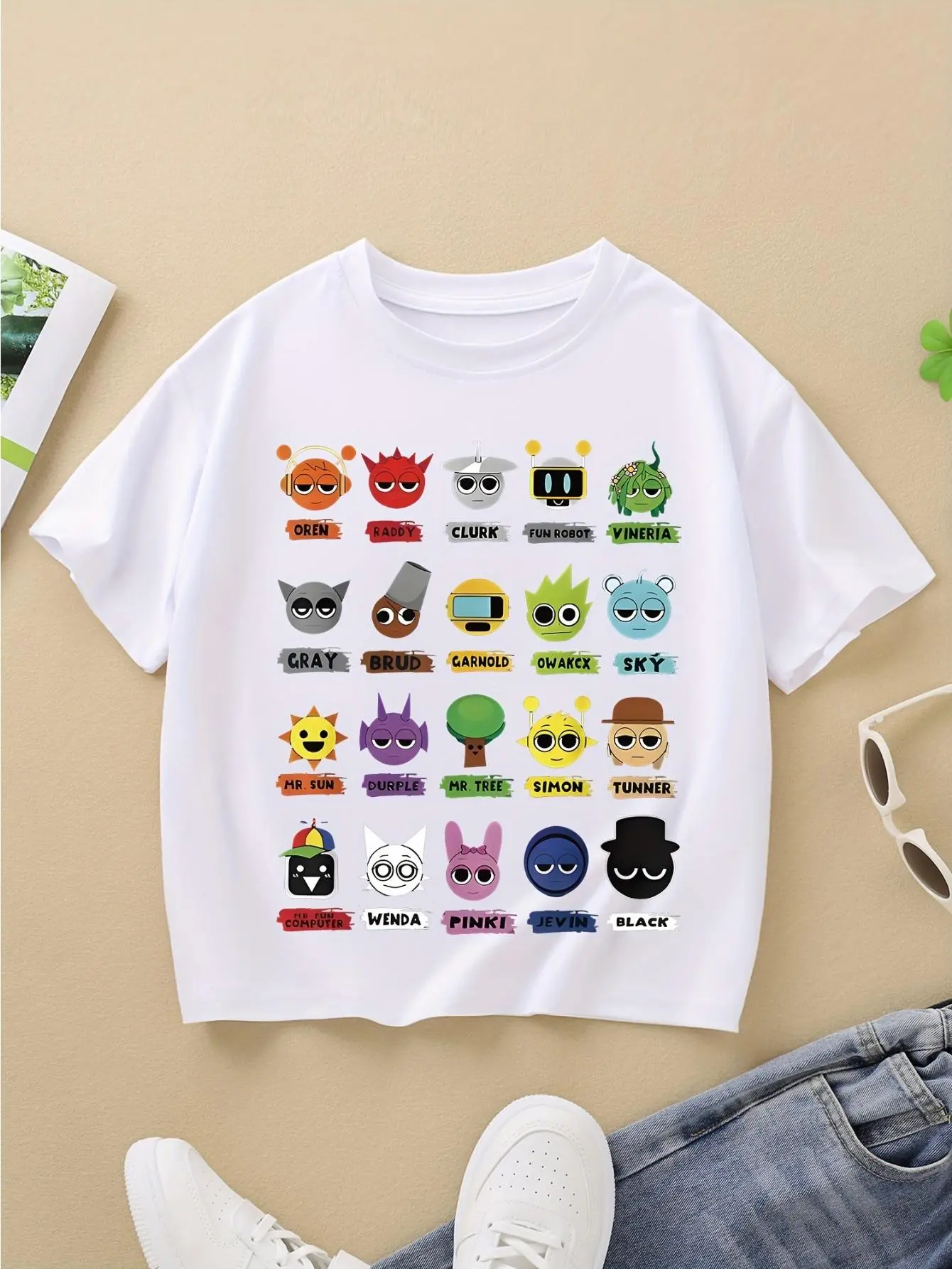 Sprunki Boys' and Girls' Colorful Cartoon T-Shirt - 3D Print Short Sleeve Tee with Playful Graphic Design, Soft Stretchy Cotton Blend, Round Neck Summer Casual Top for Boys & Girls, Hand Wash Only