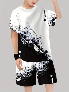 Boys' Fashion 3D Print Casual Hoodie Short Sleeve Shorts Set, Youth Outdoor Sports T-Shirt Shorts Set, Fitted Geometric Style, Short Sleeve Top, Matching Shorts
