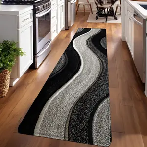 1PC， Black White Gray Wave Texture Patterned strip rugs, Decorative Rug, home décor, bathroom mats, entryway mats, bathroom non-slip mats, indoor entrance rugs, bedroom bedside mats, kitchen mats, hallway rugs, flannel sponge rugs, hallway runner rugs